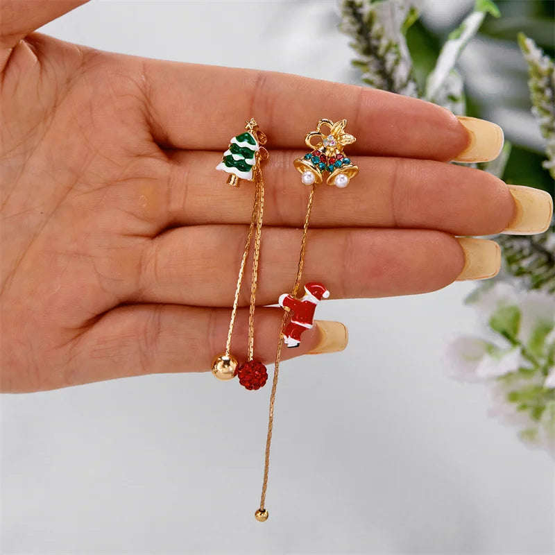 Moving Santa Claus Tassel Dangle Earrings For Women Christmas Tree Snowflake Asymmetric Long Chain Earring New Year Jewelry Gift