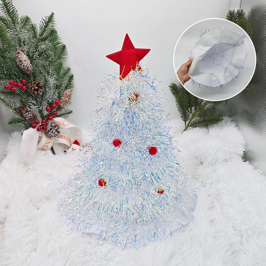 Christmas Tree Hats Fabric Rain Silk Hat for Adults Kids Funny Santa Hat with Tinsel Xmas Holiday Party Costume New Year Decor