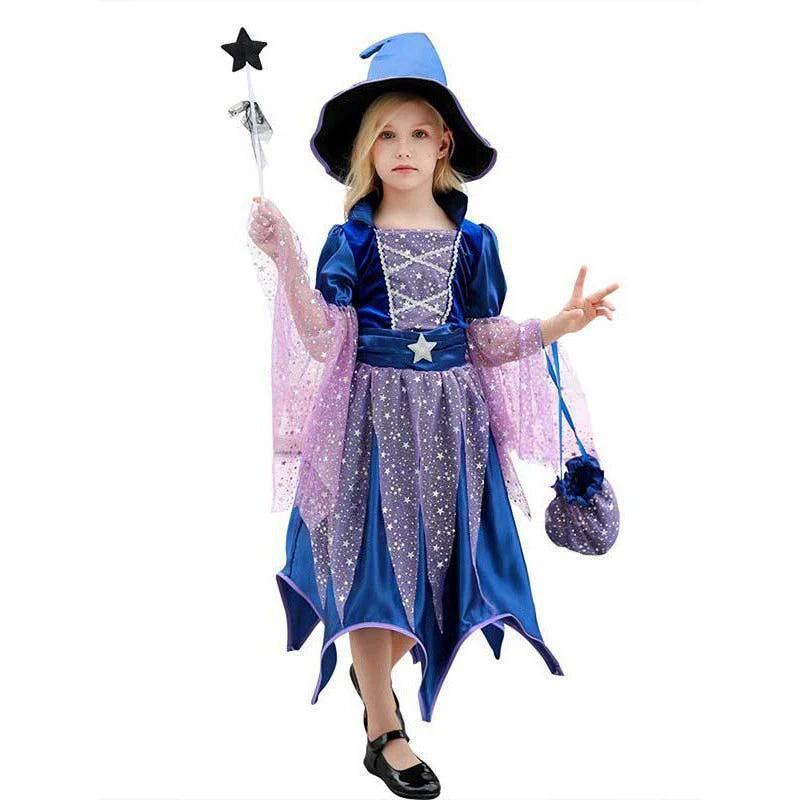 God Mother Fairy Dress with Witch Hat Wand Bag Girls Halloween Costume Witch Cosplay All Saint's Day 4Pcs Wizard Vestidos Suit