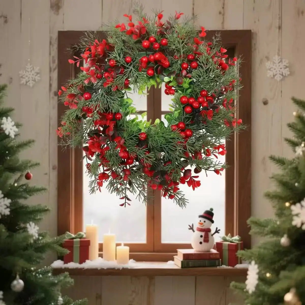 Artificial Red Berry Wreath 35cm Christmas Decor Hanging Garland for Winter Festival Xmas Outdoor Wall Decoration Fake Wreath