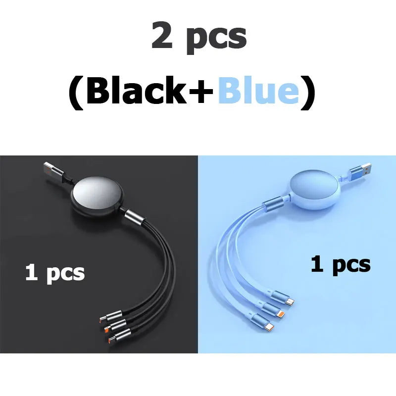 3-in-1 Retractable 100W 6A Fast Charging USB To Type-C Micro Fast Charger Cable For iPhone Samsung Xiaomi Huawei 1.2M Cables