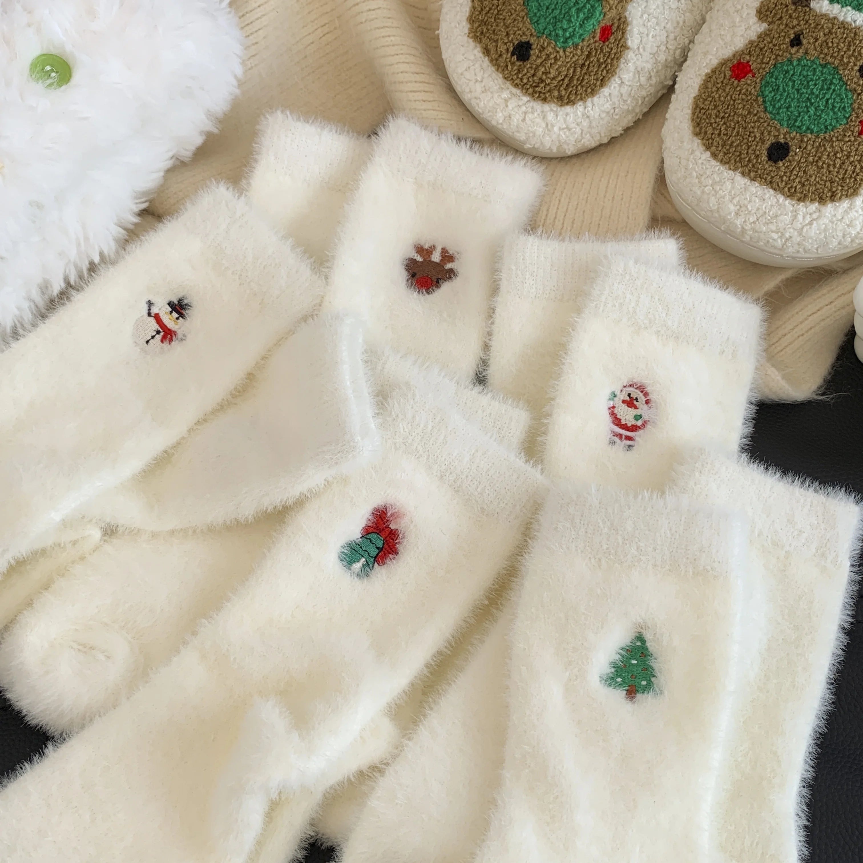 5 Pairs of Women'S Christmas Socks, White Furry Embroidered Holiday Socks, Warm Thick Fleece Fabric, Holiday Socks