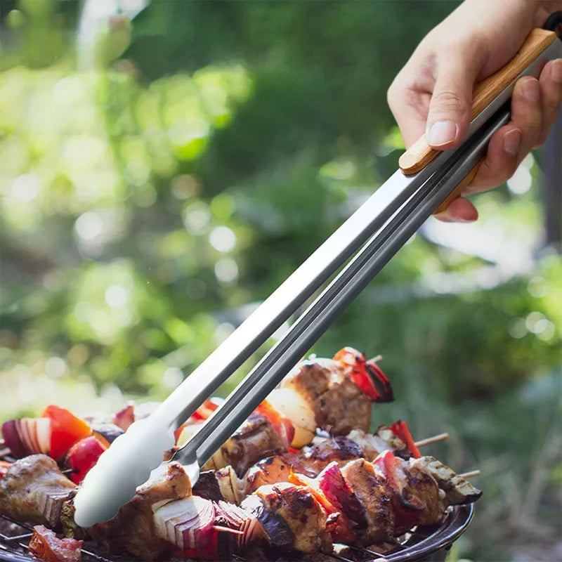 Heavy Duty Kitchen Tongs with Wooden Handle for Cooking, Grilling and BBQ, 7-16 Inch Length