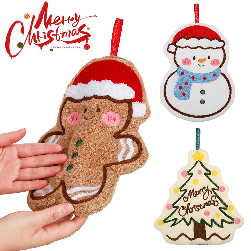 Christmas Hand Towel Cartoon Gingerbread Man Snowman Coral Fleece Towel Christmas Home Kitchen Bathroom Decoration Xmas Gifts