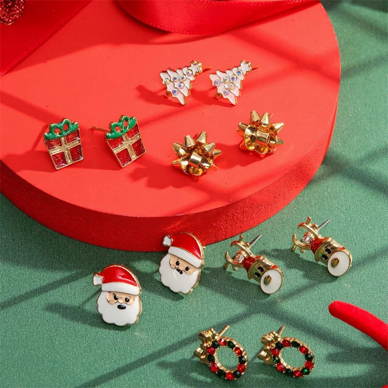 24pcs Christmas Combination Earrings Set for Women Small Shiny Zircon Xmas Tree Santa Claus Snowflake Earring Party Jewelry Gift