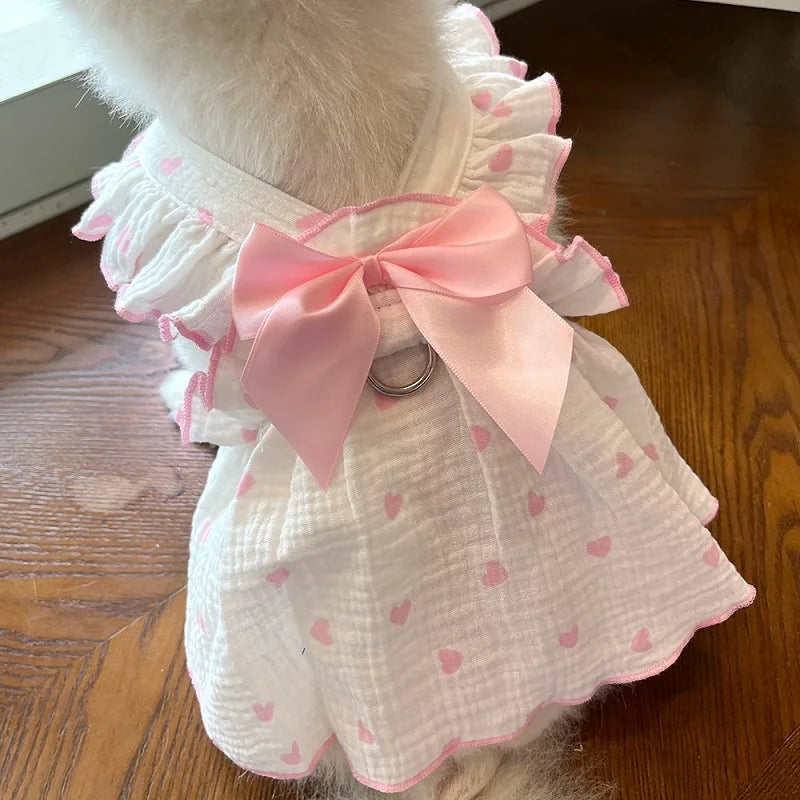 Summer  Dog Cooling Dress Thin Bow Heart Print Dog Clothes Pet Skirt Kitten Puppy Costume Chihuahua Bichon Yorkie Girls Dog Vest