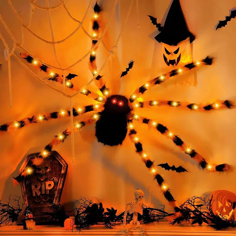 Glow in The Dark Spider Web Halloween Outdoor Decorations Fake Realistic Spider Lights Yard/garden Decor Day of The Dead Props