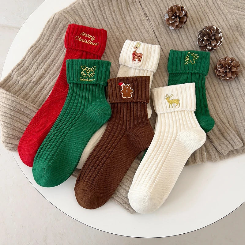 3 Pairs Cotton Cartoon Christmas Socks for Women Autumn Winter Warm Comfortable Cute Mid-tube Embroidery Merry Christmas Gifts
