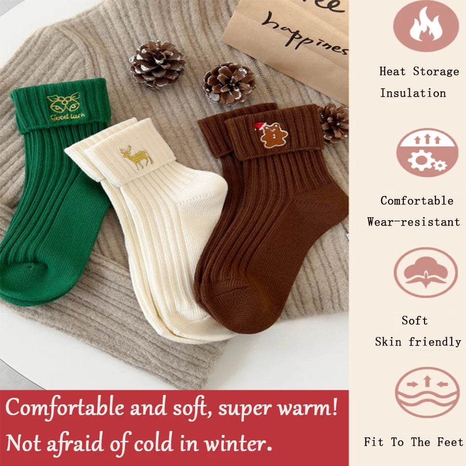 3 Pairs Cotton Cartoon Christmas Socks for Women Autumn Winter Warm Comfortable Cute Mid-tube Embroidery Merry Christmas Gifts