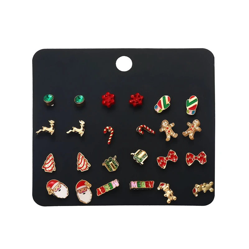 24pcs Christmas Combination Earrings Set for Women Small Shiny Zircon Xmas Tree Santa Claus Snowflake Earring Party Jewelry Gift