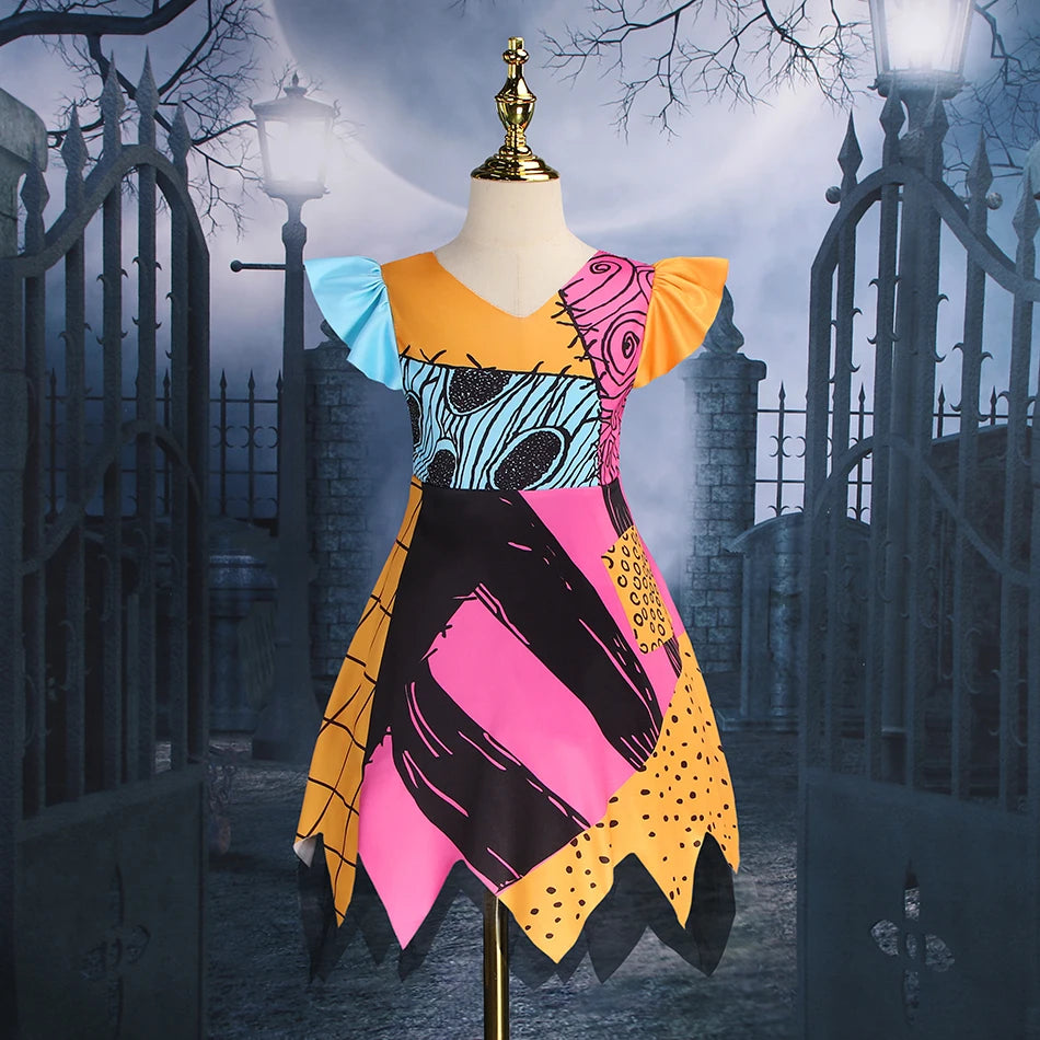 Baby Girls Halloween Costumes Cosplay Dress Nightmare Before Children Christmas Carnival Princess Sally Party Clothes 2-10 Years