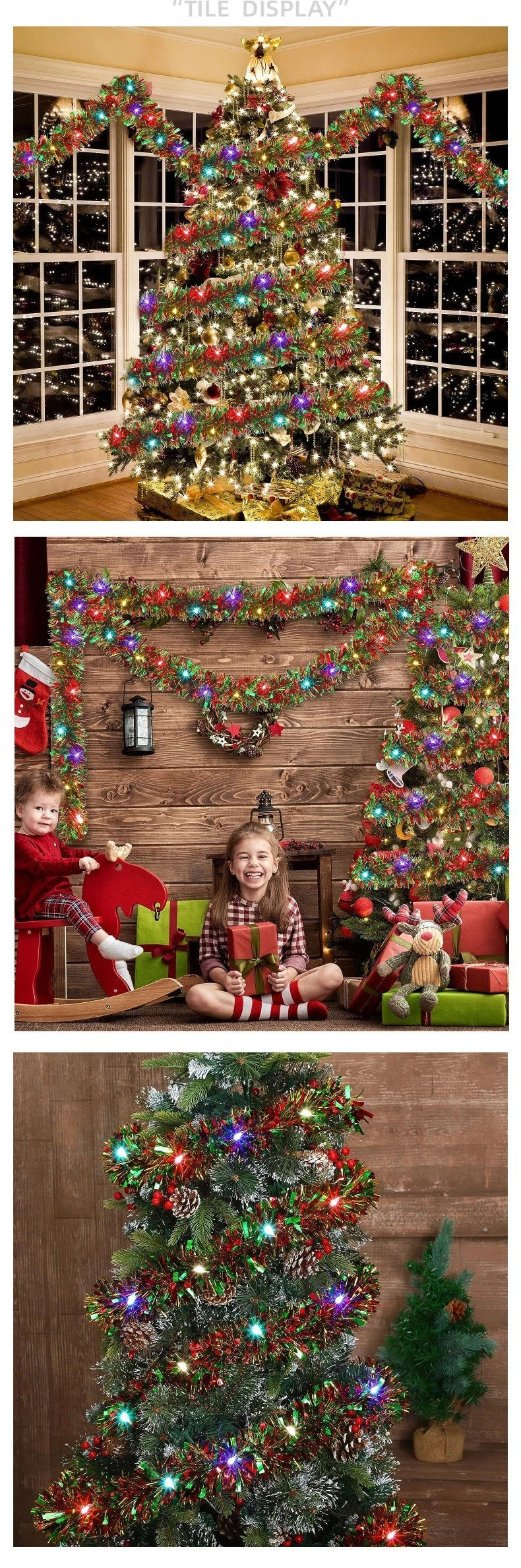 5M Christmas Tinsel Garland Metallic Shiny With LED Lights for Xmas Tree Thick Hanging DIY Garland 2026Happy New Year Home Decor