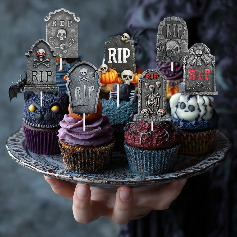 12/24pcs Halloween Scary Tombstone Cupcake Toppers Skeleton RIP Graveyard Cake Topper Decorations Halloween Birthday Party Decor