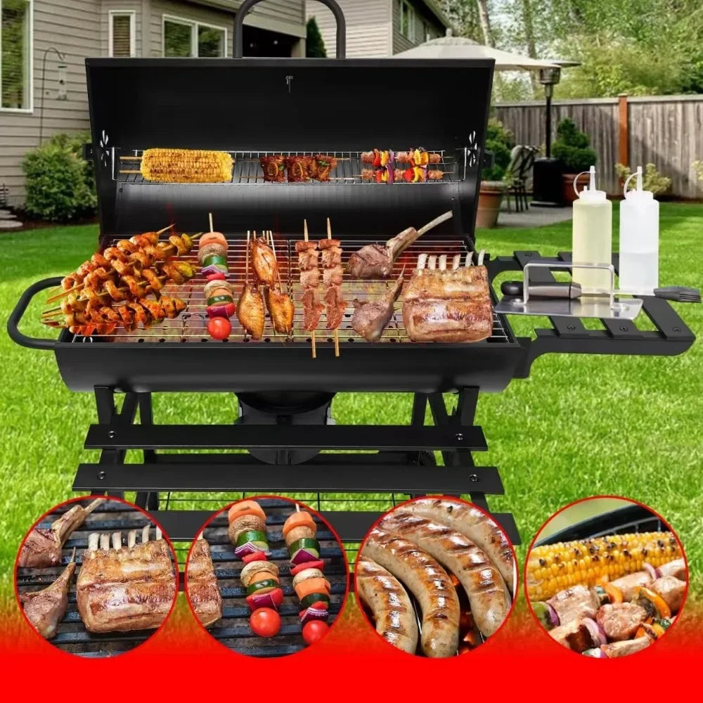 Charcoal BBQ Grill, 2 Foldable Side Tables, 28-Inch, Outdoor BBQ Grill