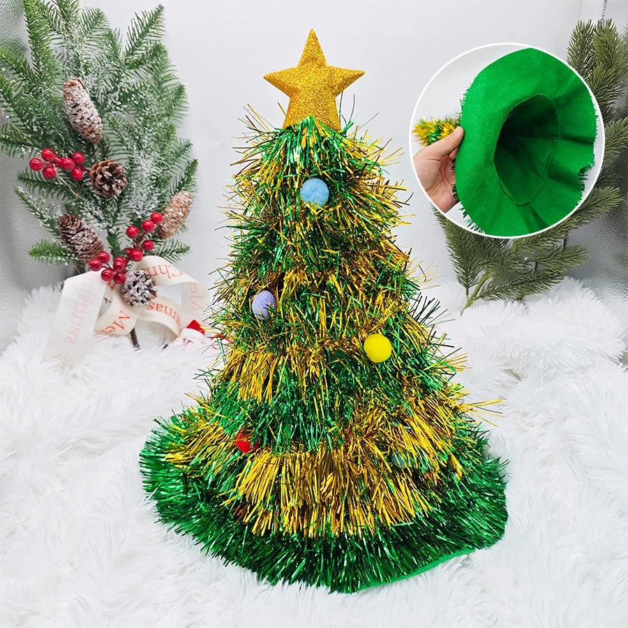 Christmas Tree Hats Fabric Rain Silk Hat for Adults Kids Funny Santa Hat with Tinsel Xmas Holiday Party Costume New Year Decor
