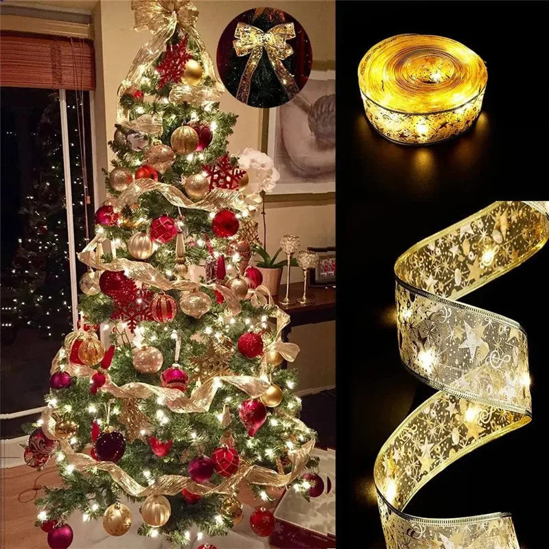New Year 2026 Christmas Decoration LED Ribbon Fairy Lights Christmas Tree Ornaments for Home DIY Bows Light String Navidad 2025