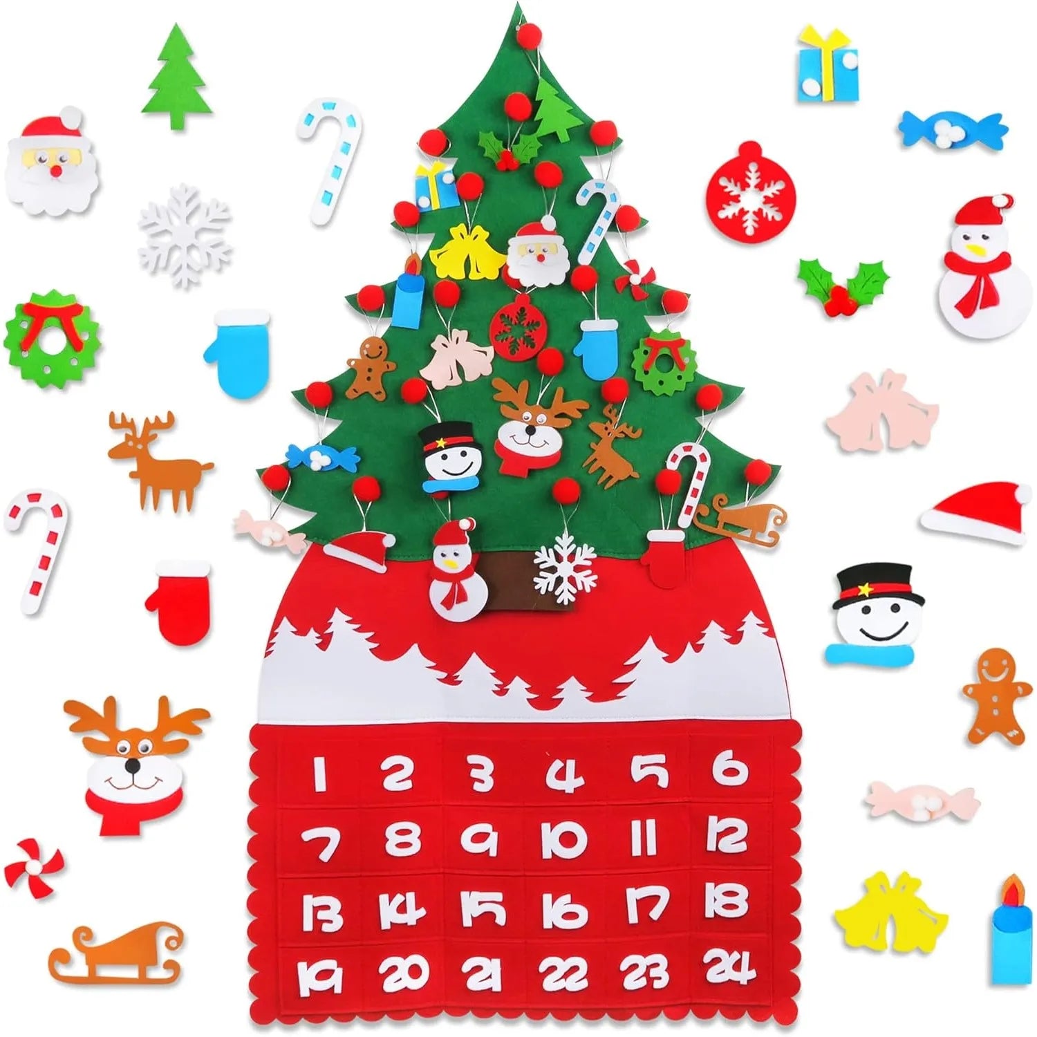 1 Pc Christmas Tree Advent Calendar, 24 Days Countdown to Christmas Felt Fabric Advent Calendar with 24 Ornaments & Pockets