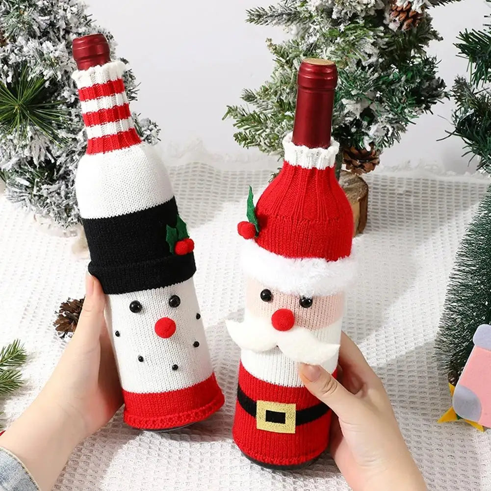 Christmas Sweater Wine Bottle Cover Set Santa Snowman Knitted Wine Bottle Bag Christmas Party Dinner Table Decoration