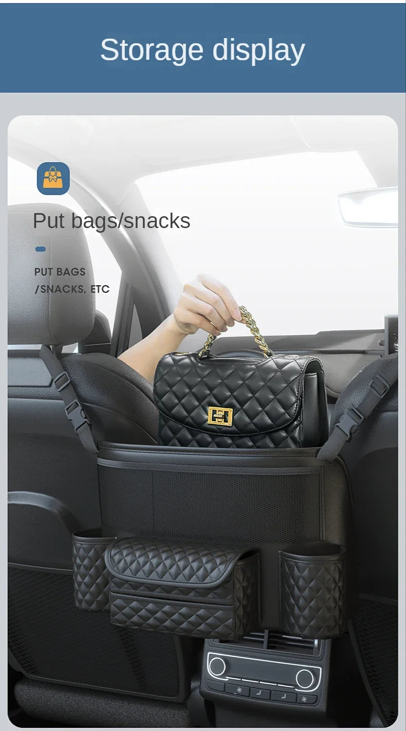 Leather Car Seat Middle Hanger Storage Bag Luxury Auto Handbag Holder Between Seats Tissue Water Cup Pockets Stowing Tidying