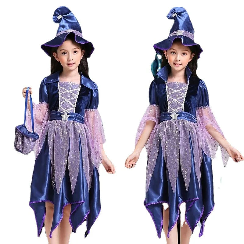 God Mother Fairy Dress with Witch Hat Wand Bag Girls Halloween Costume Witch Cosplay All Saint's Day 4Pcs Wizard Vestidos Suit