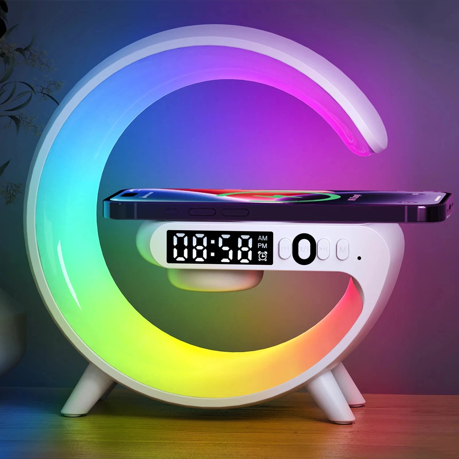 Multifunction Stand Speaker Wireless Charger Pad RGB Light Alarm Clock Speaker For iPhone Samsung