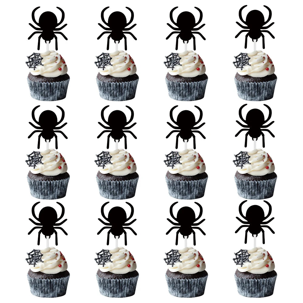 12/24pcs Halloween Black White Cupcake Topper Skull Ghost Bat Spider shape Cake Topper Decoration Halloween Birthday Party Decor