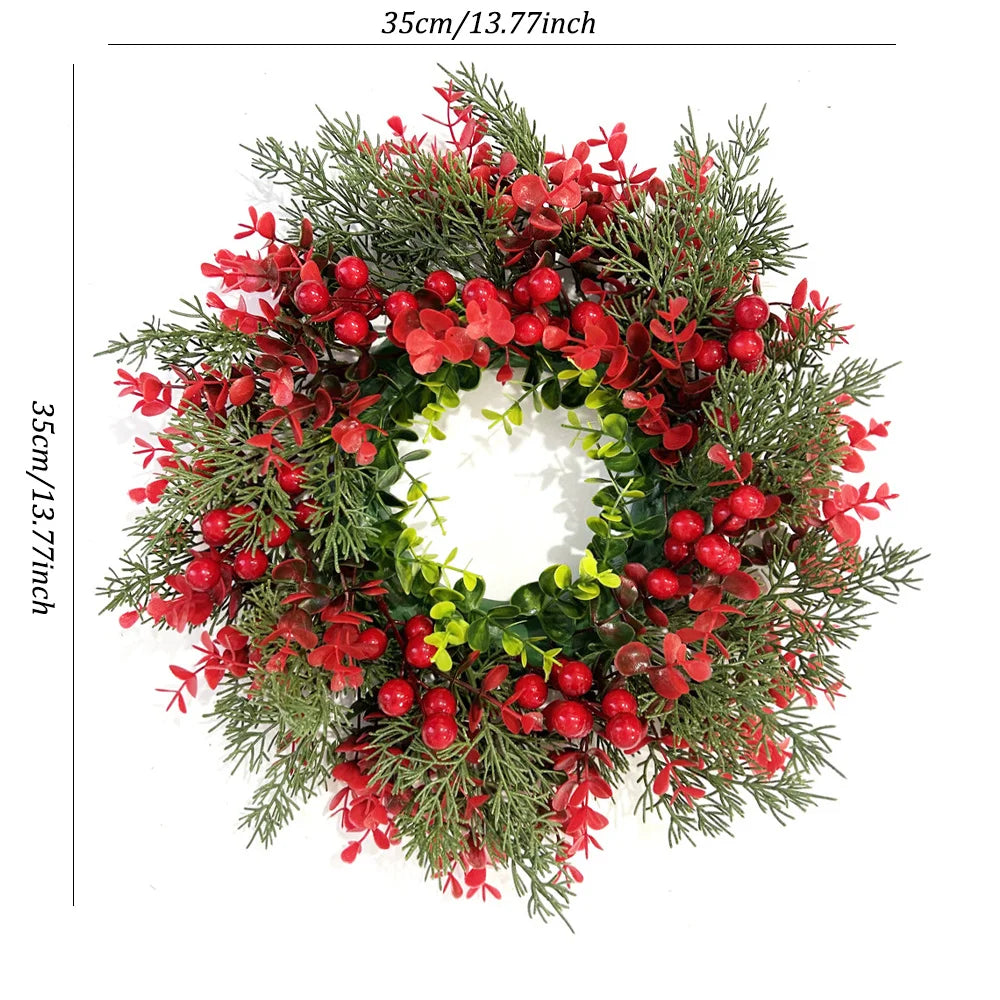 Artificial Red Berry Wreath 35cm Christmas Decor Hanging Garland for Winter Festival Xmas Outdoor Wall Decoration Fake Wreath