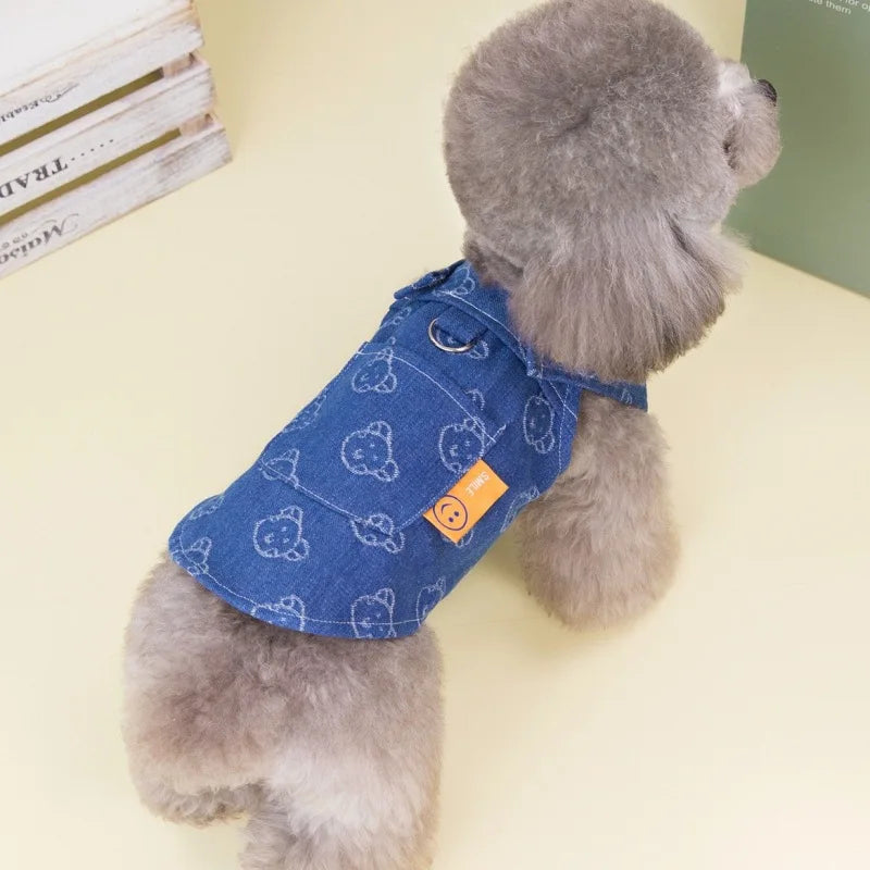 Small Dogs Clothes Designer Luxury Puppy Summer Clothes Girls Cat Dresses,Love Jeans Harness Vest Denim Dress One Piece S-XXL