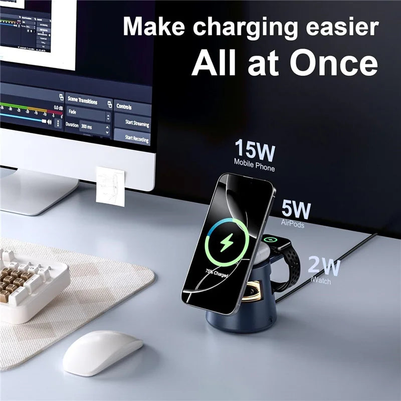 3 in 1 Magnetic Wireless Charger Bluetooth Speaker LED Light Desktop Fast Charging Phone Stand For iPhone 16 15 iWatch Airpods