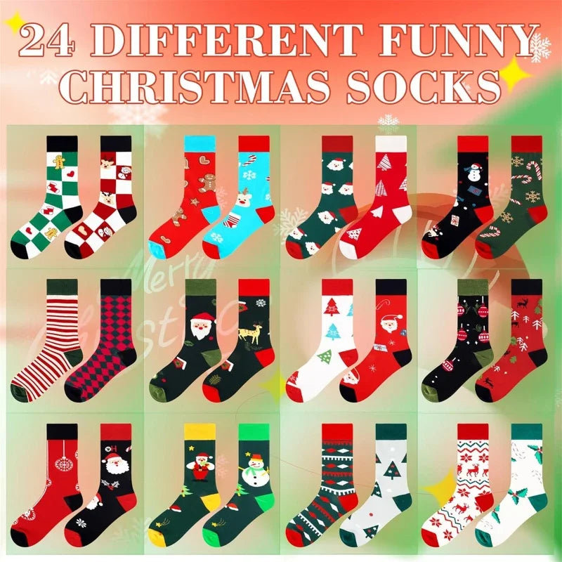 Xmas Socks Advents Calendar 2026 24 Day Countdown Christmas Socks Box Fun Colorful Unisex Socks Present for Men Women