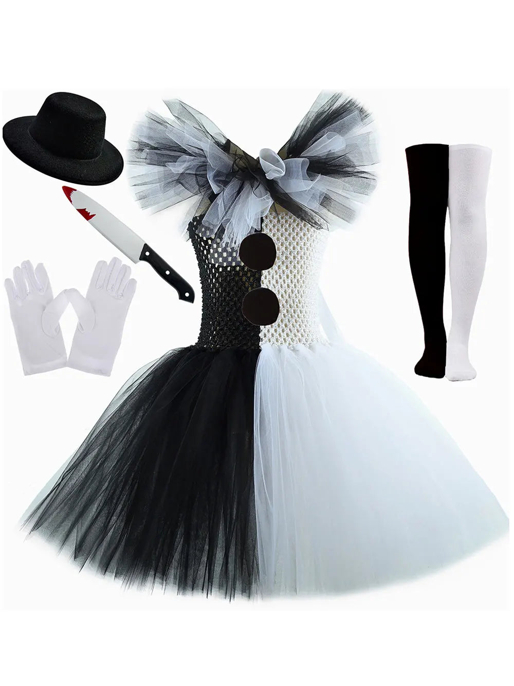 2025 Halloween Festive Party Girls Cosplay Black and White Witch Sleeveless Clown Lace Vampire Clothing Plus Accessories Set