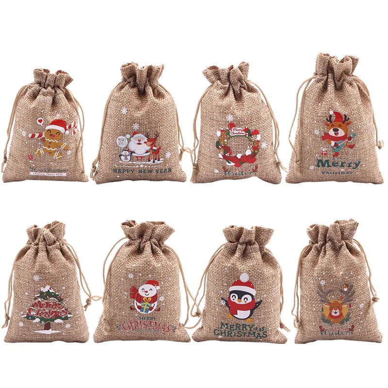 10Pcs/Lot Xmas Natural Jute Bags 10x14 13x18cm Christmas Candy Gift Bag Drawstring Pouches Nice Bracelet Jewelry Packaging Bags