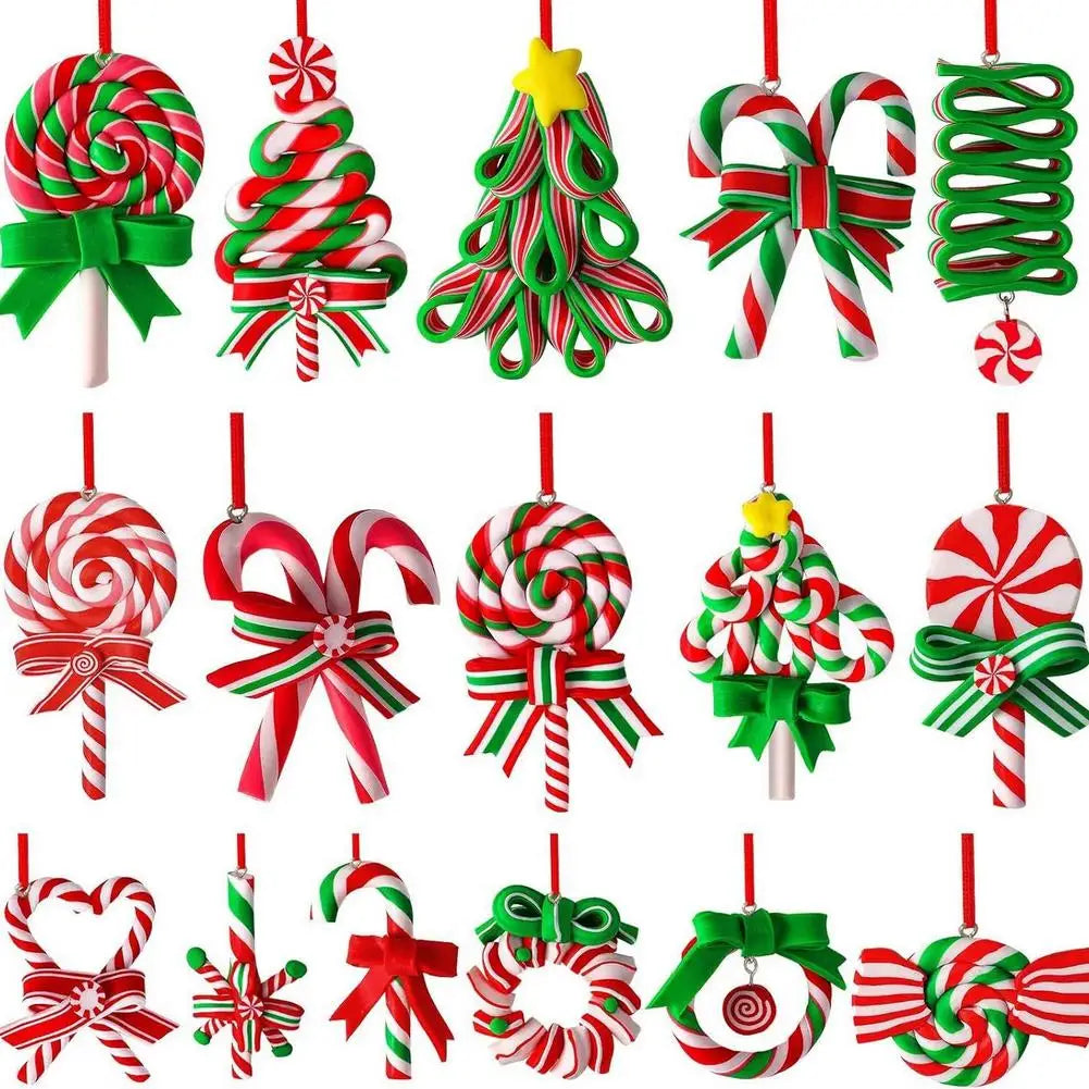 16/32Pcs Christmas Lollipop Ornaments Colorful Wood Candy Cane Hanging Decoration Polymer Clay Peppermint Pendants For Xmas Tree