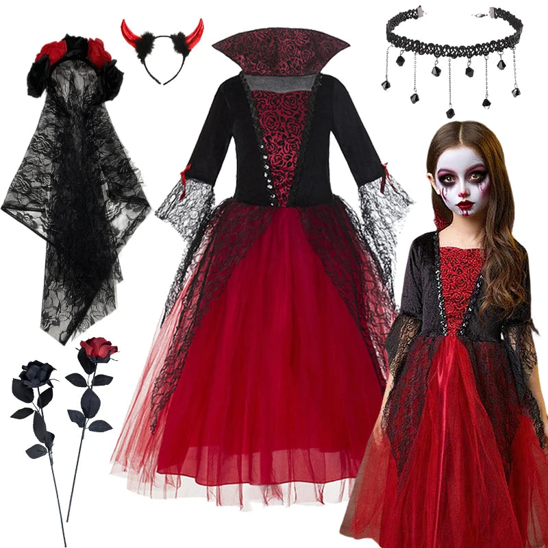 Girl Vampire Halloween Dress for Kid Ghost Bride Gothic Cosplay Vampire Costume Dress for Kids Carnival Outfit Black Red Clothes