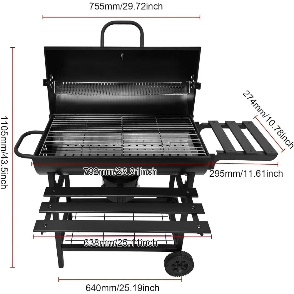 Charcoal BBQ Grill, 2 Foldable Side Tables, 28-Inch, Outdoor BBQ Grill