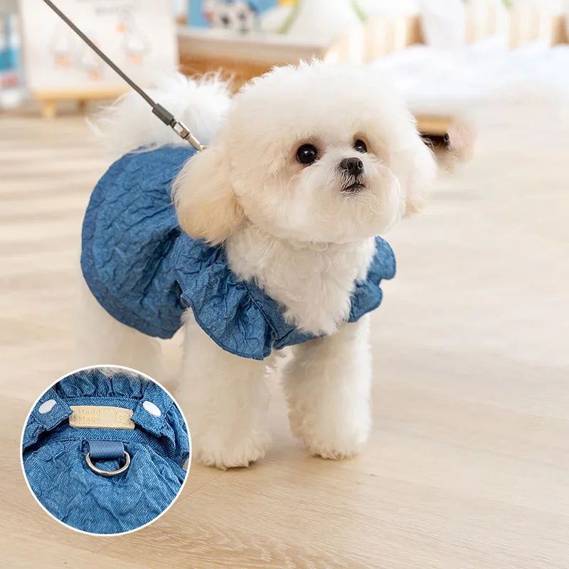 Dog Girl Dresses for Dogs Puppy Spring Clothes with Leash Ring Flying Sleeves Summer Cat Outfits Blue One Piece Chihuahua Appare