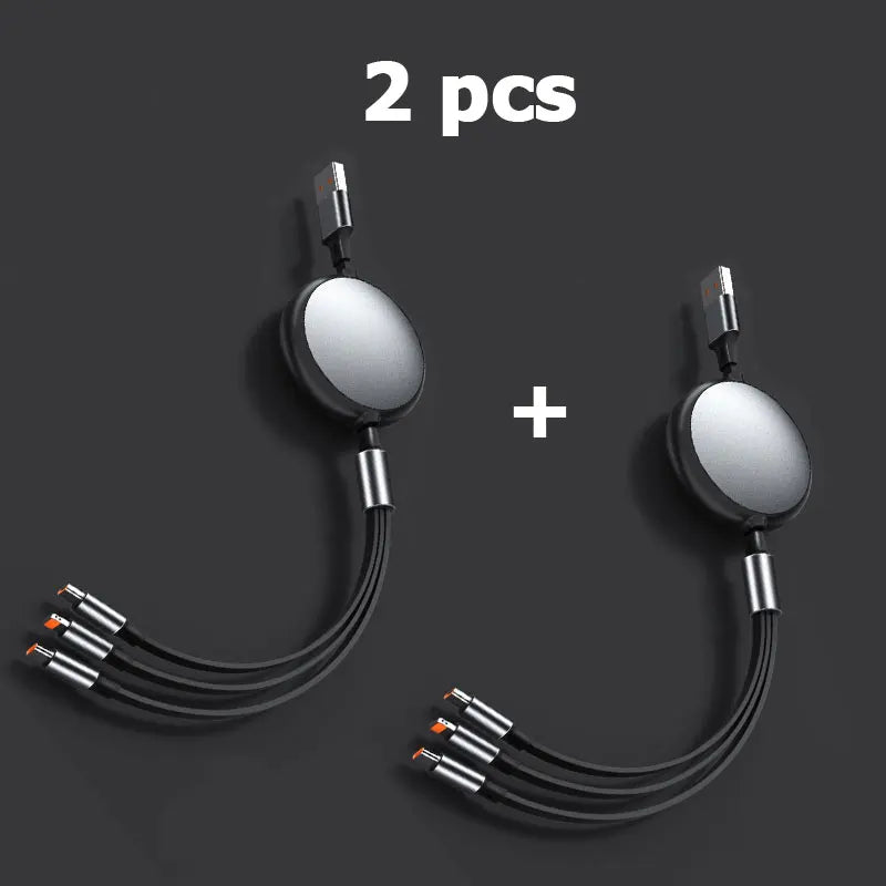 3-in-1 Retractable 100W 6A Fast Charging USB To Type-C Micro Fast Charger Cable For iPhone Samsung Xiaomi Huawei 1.2M Cables