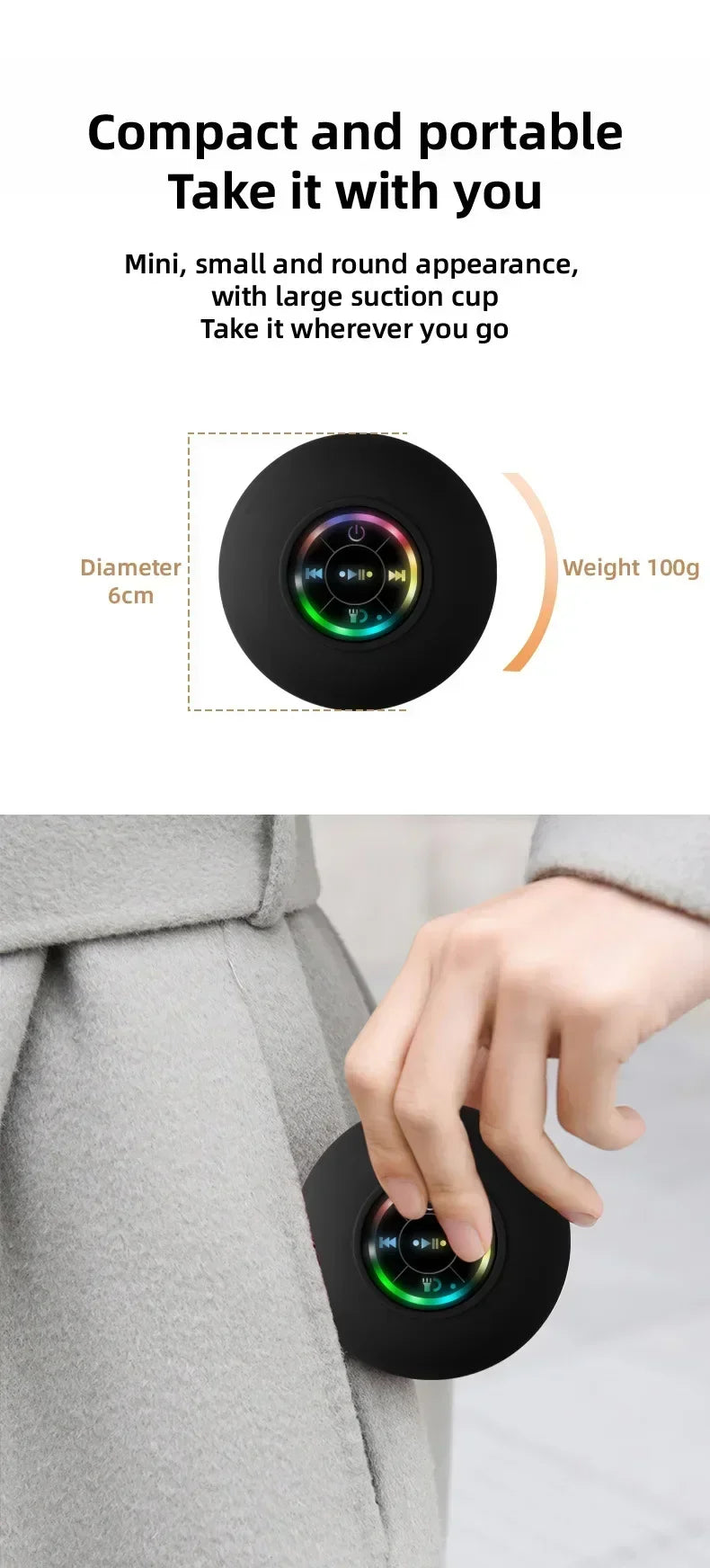 2025 Bathroom Waterproof Wireless LED Bluetooth Speaker Large Suction Cup Mini Portable Speaker Outdoor Sports Stereo Speaker