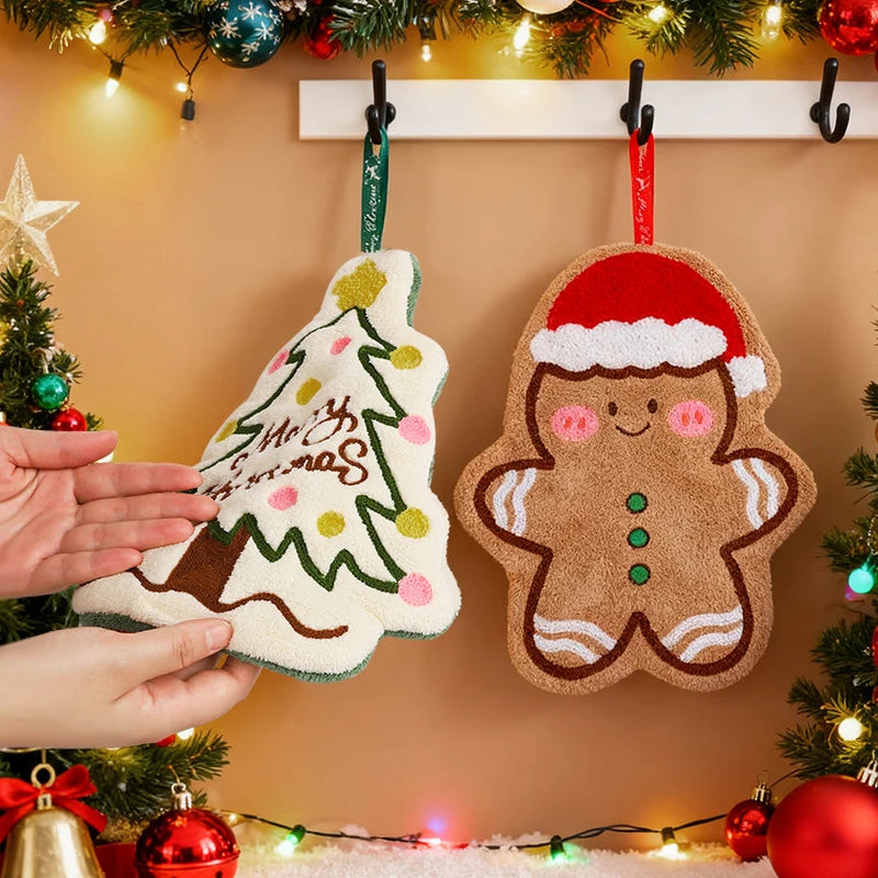 Christmas Hand Towel Cartoon Gingerbread Man Snowman Coral Fleece Towel Christmas Home Kitchen Bathroom Decoration Xmas Gifts