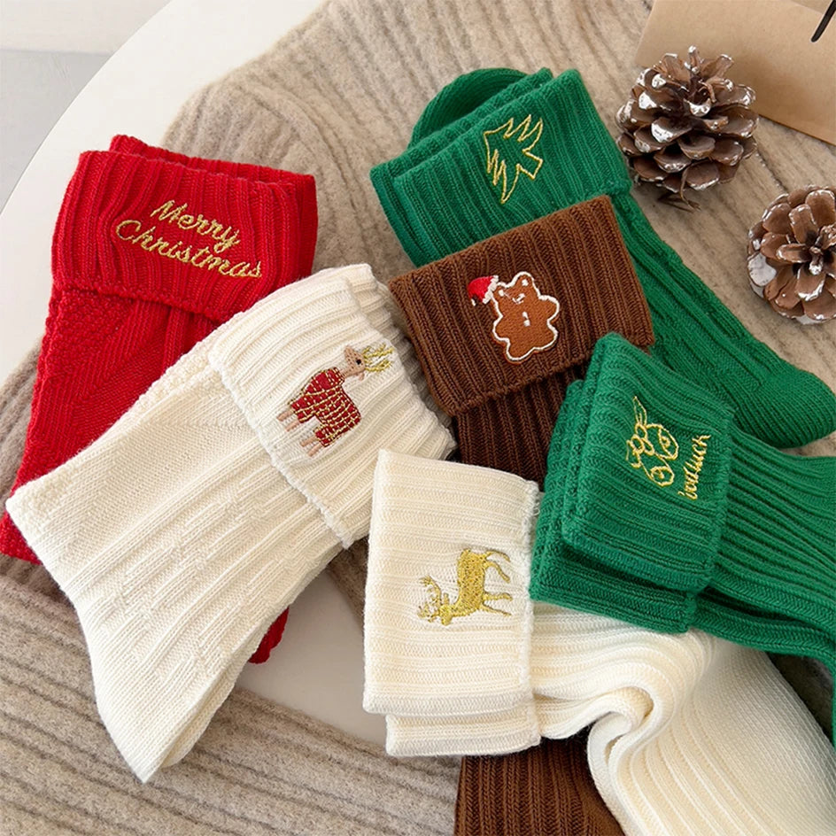 3 Pairs Cotton Cartoon Christmas Socks for Women Autumn Winter Warm Comfortable Cute Mid-tube Embroidery Merry Christmas Gifts