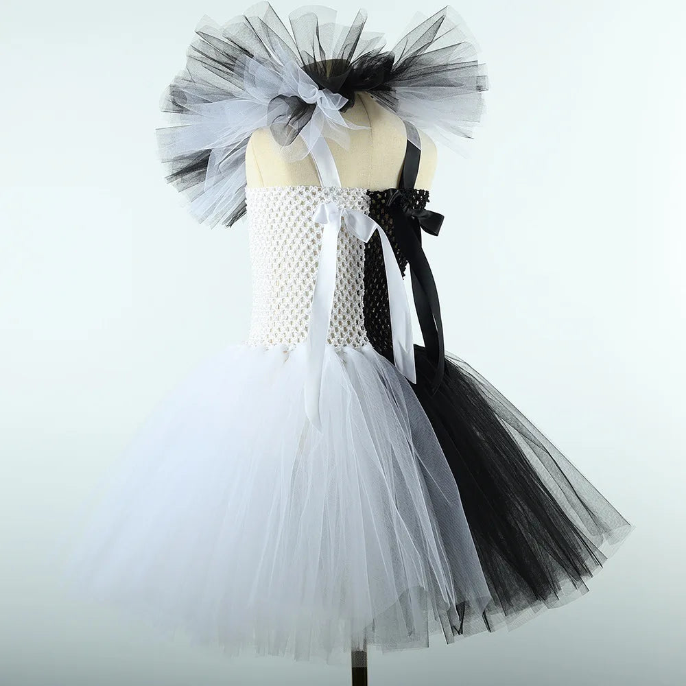 2025 Halloween Festive Party Girls Cosplay Black and White Witch Sleeveless Clown Lace Vampire Clothing Plus Accessories Set