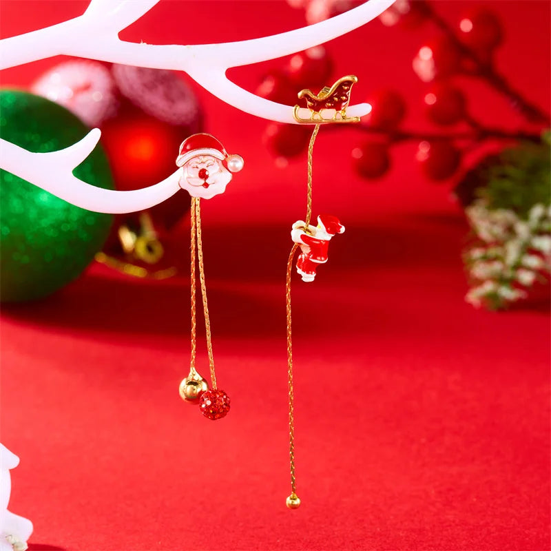 Moving Santa Claus Tassel Dangle Earrings For Women Christmas Tree Snowflake Asymmetric Long Chain Earring New Year Jewelry Gift
