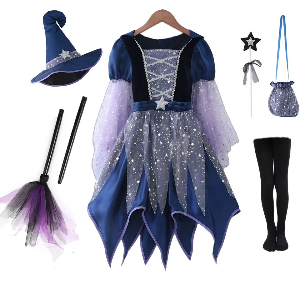God Mother Fairy Dress with Witch Hat Wand Bag Girls Halloween Costume Witch Cosplay All Saint's Day 4Pcs Wizard Vestidos Suit