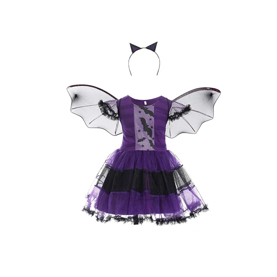 Girls Purple Bat Dress Kids Fancy Cosplay Vampire Demon Costume With Wing Headwear Halloween Carnivat Witch Role Play Clothes