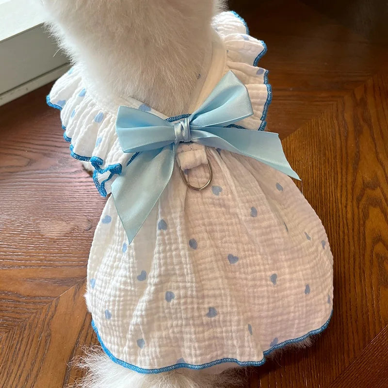 Summer  Dog Cooling Dress Thin Bow Heart Print Dog Clothes Pet Skirt Kitten Puppy Costume Chihuahua Bichon Yorkie Girls Dog Vest