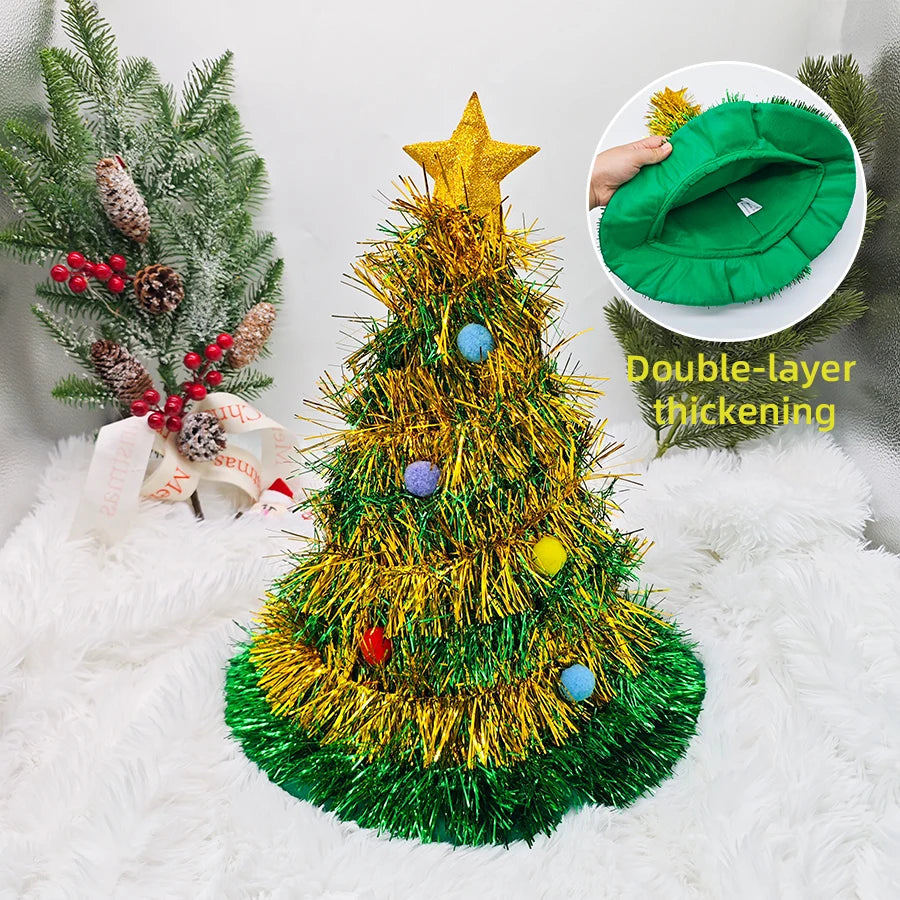 Christmas Tree Hats Fabric Rain Silk Hat for Adults Kids Funny Santa Hat with Tinsel Xmas Holiday Party Costume New Year Decor
