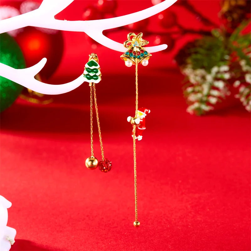 Moving Santa Claus Tassel Dangle Earrings For Women Christmas Tree Snowflake Asymmetric Long Chain Earring New Year Jewelry Gift