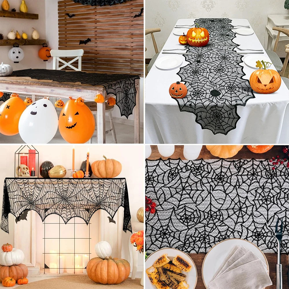 Halloween Home Party Decorations Black Lace Table Runner Spider Web Fireplace Mantel Cover Halloween Decorations Cloth Supplies