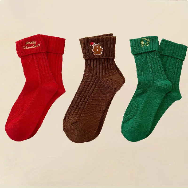 3 Pairs Cotton Cartoon Christmas Socks for Women Autumn Winter Warm Comfortable Cute Mid-tube Embroidery Merry Christmas Gifts