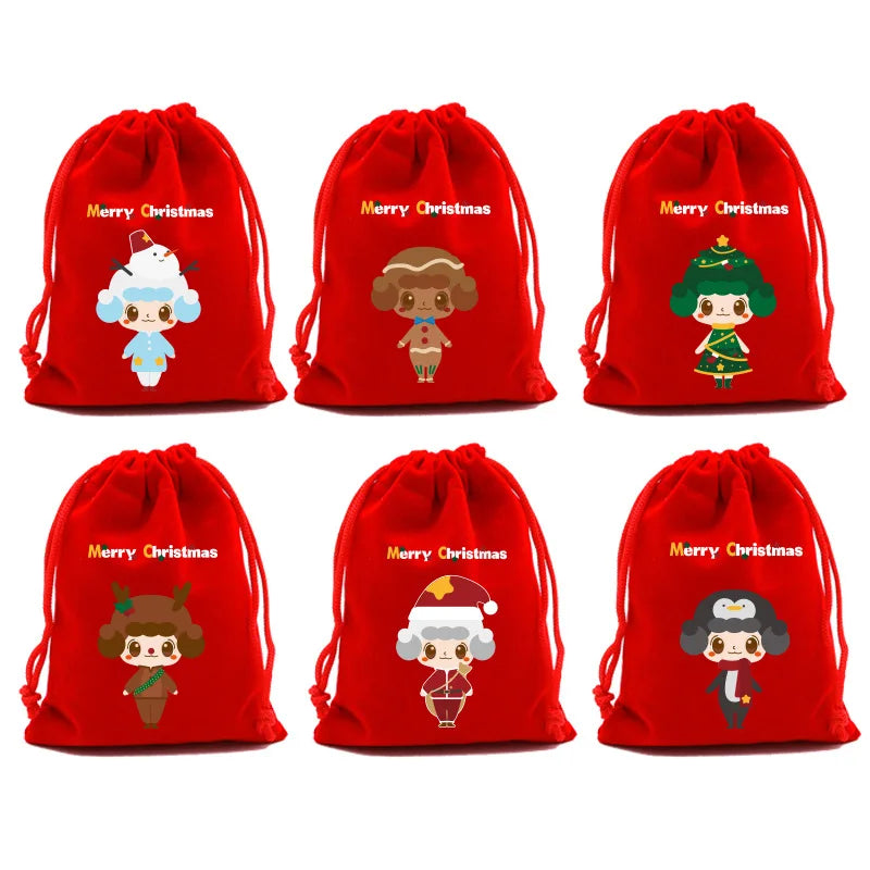 20pcs Xmas Velvet Bags Small Candy Gift Bag Drawstring Pouch Christmas Party Favor Boutique Jewelry Packaging Bags 2024 New Year